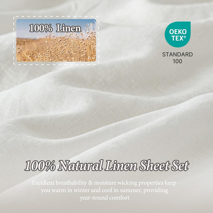 100% Natural Linen Sheets Set 4 Piece - Washed Linen Bedding Set with 16" Deep Pocket Fitted Sheet, Flat Sheet & 2 Pillowcases, Breathable Durable for All Seasons (White, Queen)