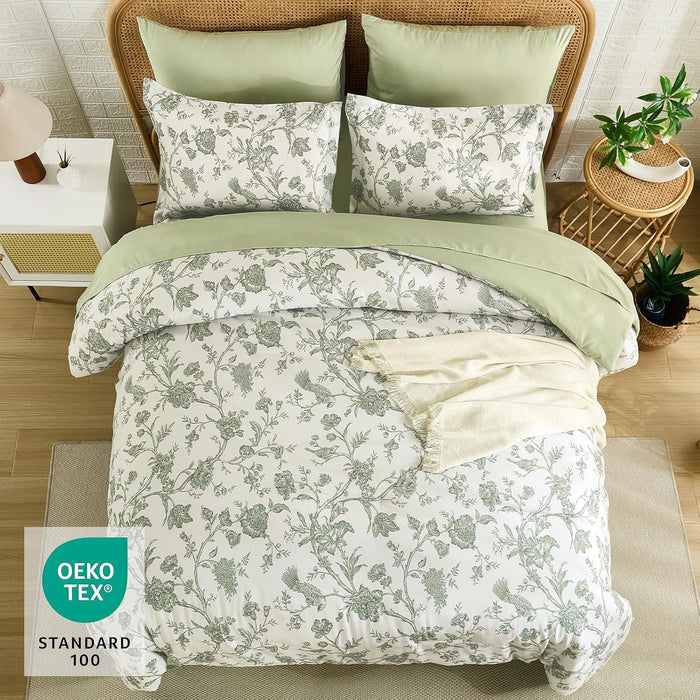 Luxudecor Floral Queen Comforter Set 7 Pieces Bed in a Bag, Sage Green Flower with Bird Bedding Set, Soft Reversible Comforter with Sheet Set 90"x90"