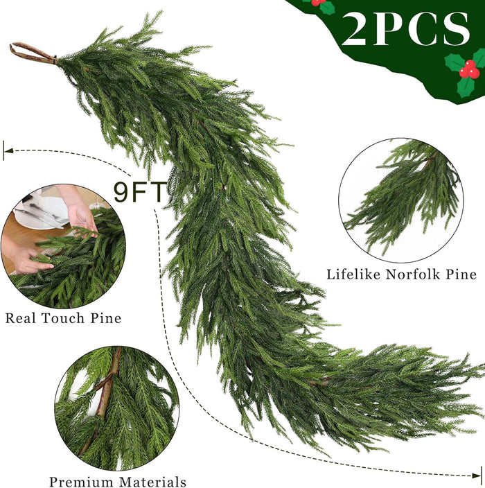 9FT Real Touch Norfolk Pine Garland - Artificial Christmas Garland Fake Green Faux Pine Needles Garland for Table Fireplace Mantle Holiday Home Indoor Outdoor Decor (2PCS)