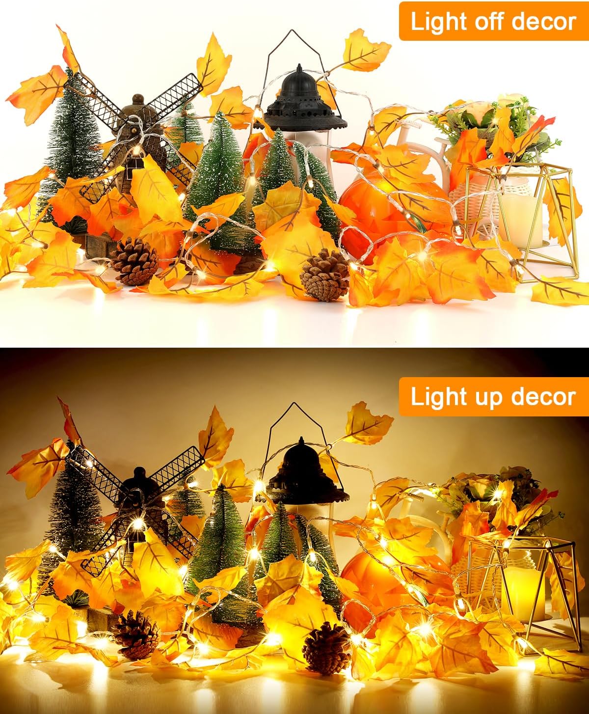 Fall Decor [2 Pack] Lighted Fall Garland, Total 16.4ft 40 LED Thanksgiving Decorations Halloween String Lights, Friendsgiving Gift Thanksgiving Decor for Home Holiday Autumn Garland Indoor