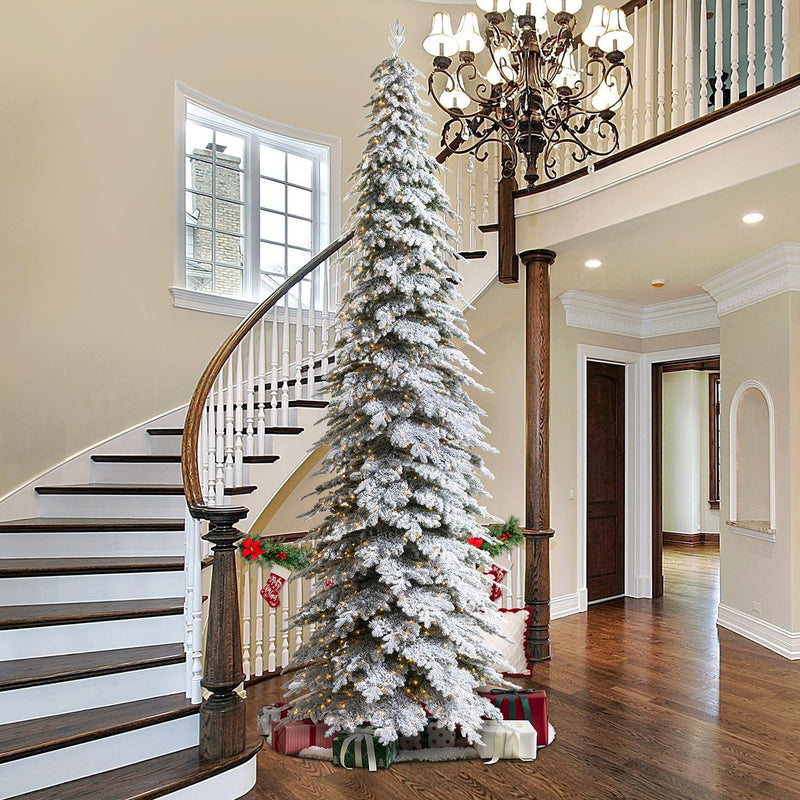 Glitzhome 7.5ft Artificial Christmas Tree, Pre-Lit Flocked Pencil Christmas Tree Chicago Frostwood Spruce with 350 Warm White Lights Home, Office, Holiday Decoration