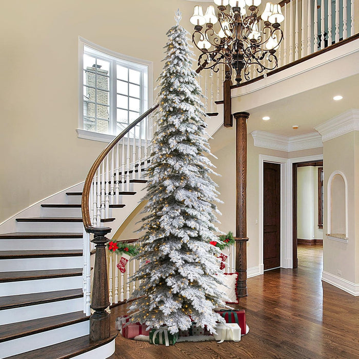 Glitzhome 7.5ft Artificial Christmas Tree, Pre-Lit Flocked Pencil Christmas Tree Chicago Frostwood Spruce with 350 Warm White Lights Home, Office, Holiday Decoration
