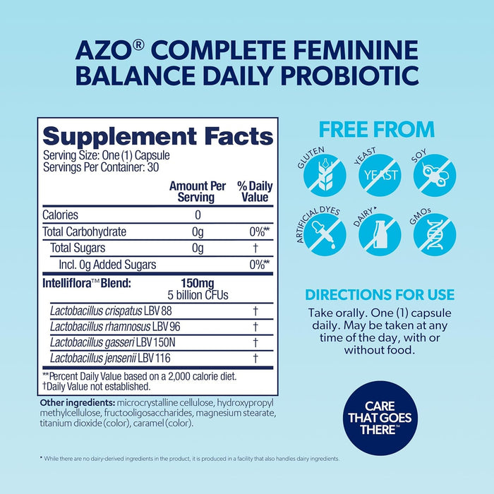 AZO Complete Feminine Balance Daily Probiotics for Women, Clinically Proven to Help Protect Vaginal Health, Helps balance pH and yeast, Non-GMO, 30 Count