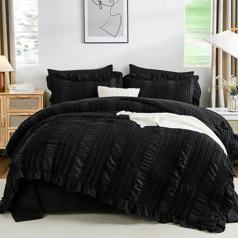 WONGS BEDDING Queen Comforter Set,Beige Cute Ruffle Comforter for Queen Bed, 7 Pieces Bed in a Bag Seersucker Shabby Chic Bedding Set 90"×90"