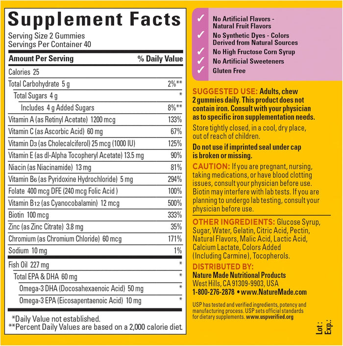 Nature Made Womens Gummy Multivitamins with Omega-3, Multivitamin for Women for Daily Nutritional Support, 80 Gummies, 40 Day Supply