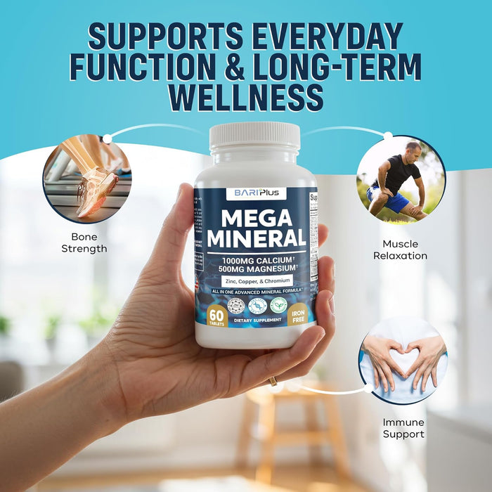 Mega Mineral – Complete Complex with Vitamin D, Calcium, Magnesium, Zinc, Potassium, Boron, Selenium, Chromium & 72 Trace Minerals – Iron-Free – USA Made – 60 Tablets