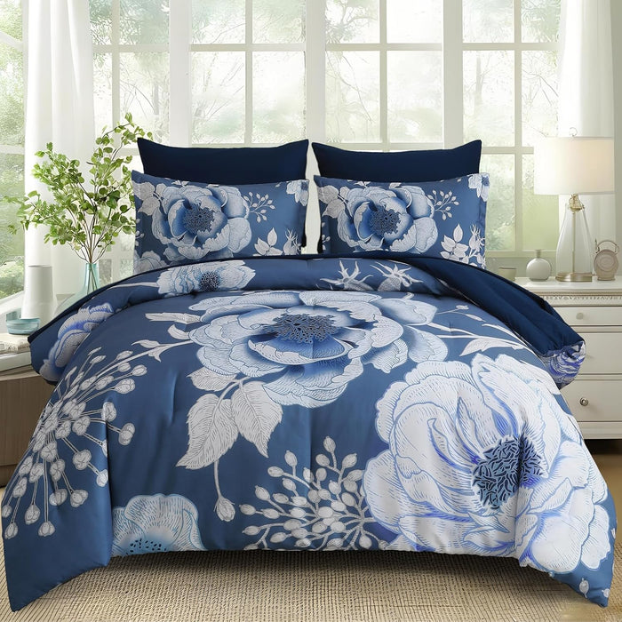 Luxudecor Floral Queen Comforter Set 7 Pieces Bed in a Bag, White Flower Print on Navy Blue Bedding Set, Soft Reversible Comforter with Sheet Set 90"x90"