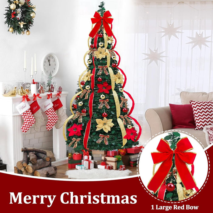 6.5 Ft Prelit Full Pop up Christmas Tree with Timer 8 Mode 200 Warm Lights, Ornaments, Red&Gold Ribbon, Flowers, Bows,UL Plug Powered, Fire-Resistant Collapsible Outdoor Indoor Holiday Party Decor