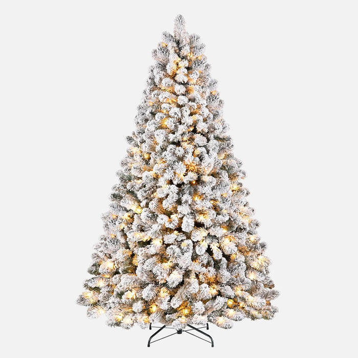SHareconn 7.5ft Prelit Snow Flocked Spruce Artificial Christmas Tree with 350 Incandescent Warm White Lights, Foldable Stand, Snow Flocked Full Prelighted Xmas Tree W/1170 Branch Tips, 7.5 FT, White
