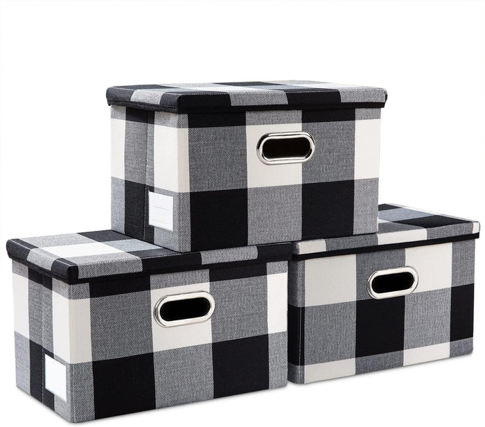 PRANDOM Storage Bins with Lids [3-Pack] Jute Fabric Foldable Storage Boxes Organizer Containers Baskets Cube with Cover for Home Bedroom Closet Office Nursery khaki（23.4X15.9X11.5