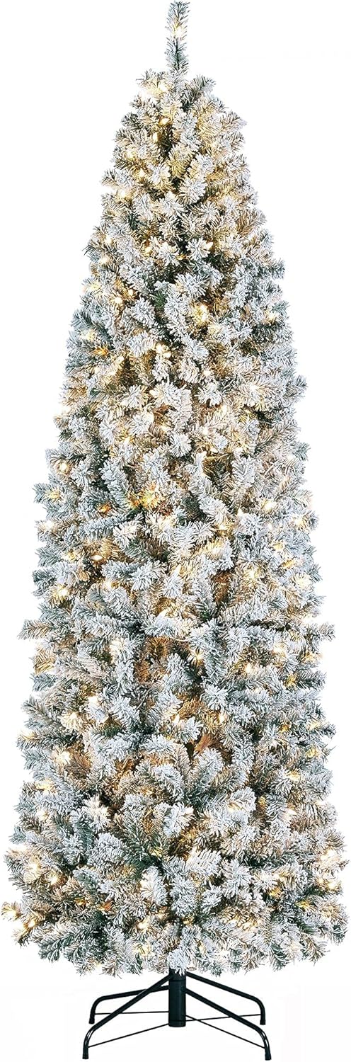 Yaheetech 7.5ft Pre-lit Kingswood Fir Pencil Artificial Hinged Christmas Tree Skinny Corner Xmas Tree with 350 Incandescent Warm White Lights Prelighted Xmas Tree with Foldable Stand, Green