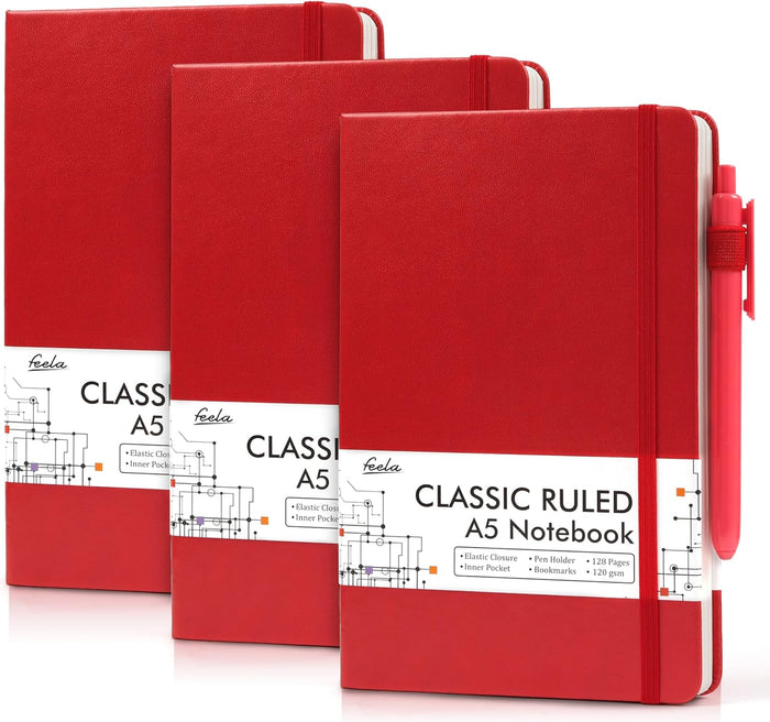 feela 3 Pack Notebooks Journals Bulk with 3 Black Pens, A5 Hardcover Notebook Classic Ruled Lined Journal Set with Pen Holder for Work Business Journaling Note Taking, 120 GSM, 5.1”x8.3”, Gray