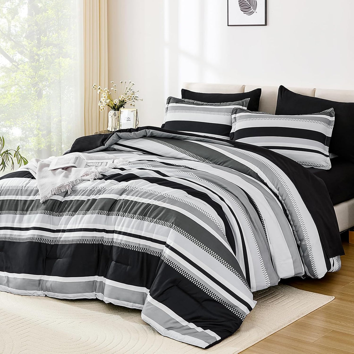 WONGS BEDDING Queen Comforter Set, 7 Pieces Blue Comforter Set Queen, Soft Striped Bed in a Bag Bedding Set with Comforter, Flat Sheet, Fitted Sheet, Pillow Shams, Pillowcase