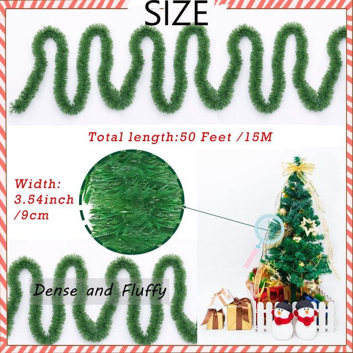 50 Feet Green Tinsel Garland, Artificial Christmas Pine Decorative Garland for Holiday Wedding Decoration