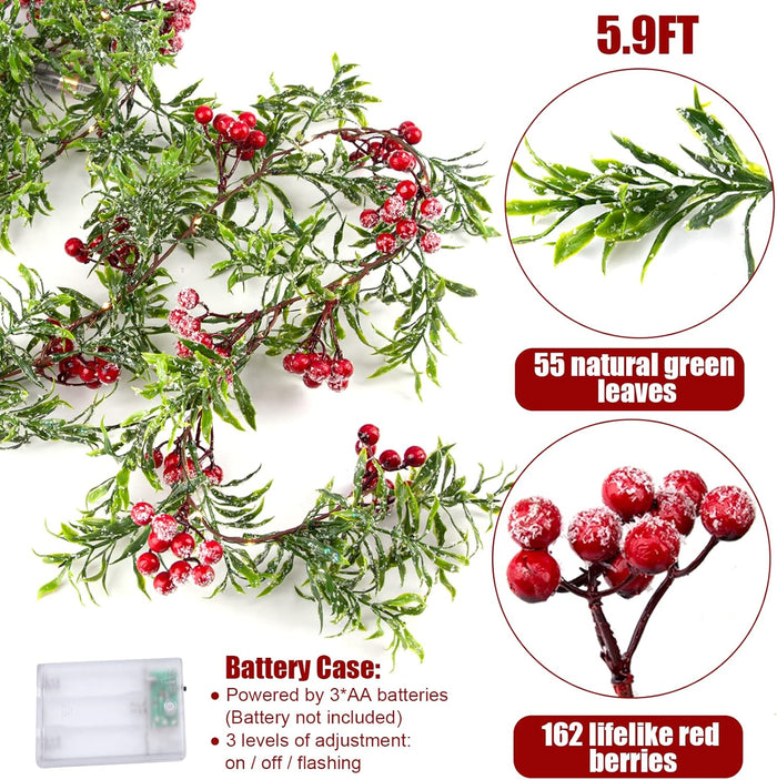 5.9FT Artificial Christmas Garland String Lights with 162 Snowy Red Berries 55 Green Leaves 20 LED Lights Battery Operated for Xmas Mantle Indoor Outdoor Holiday Christmas Thanksgiving Decoration