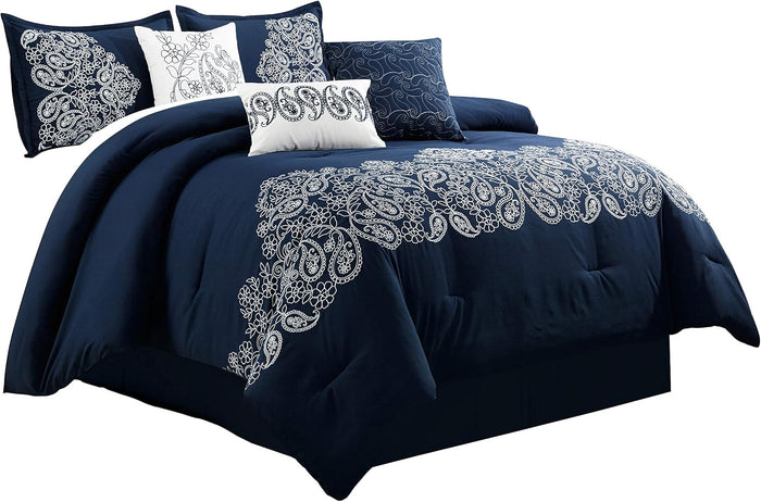 Chezmoi Collection Serene 7-Piece Luxury Autumn Floral Embroidery Comforter Set, Queen, Orange/Brown/Taupe