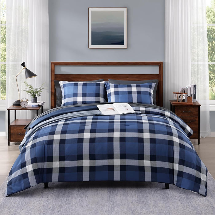 MaiRêve Full Size Comforter Set Navy Blue, Plaid Design Comforter Set 7 Pieces, All Season Comfortable Bedding Sets Full, Lightweight, Soft and Warm (Navy Blue, Full)