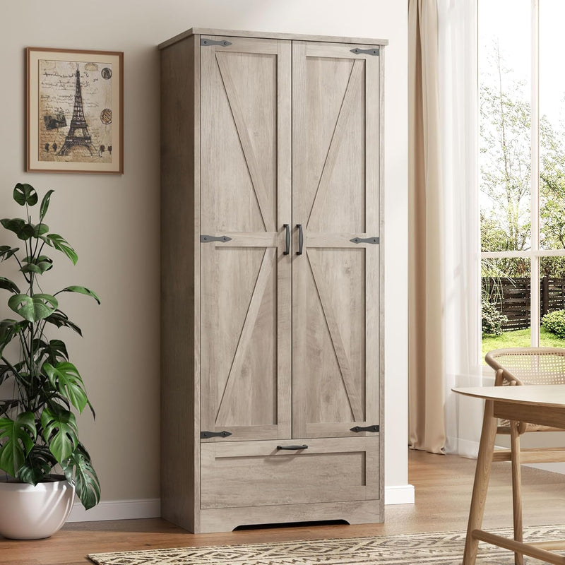 Vongrasig Kitchen Pantry Storage Cabinet with Barn Doors, Drawer and Adjustable Shelves, 4-Tier Tall Rustic Wood Cupboard Locker for Kitchen, Dining Room, Living Room, Bathroom, White