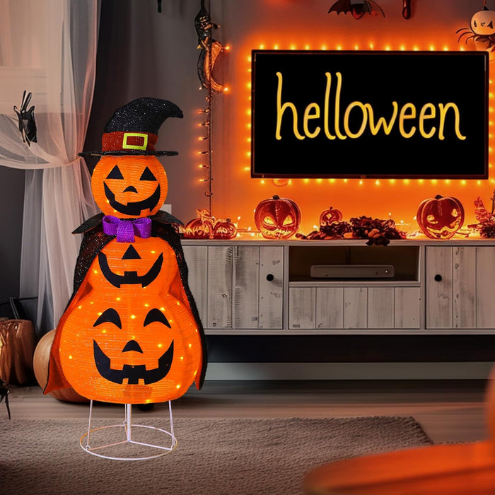 TW SHINE 3FT Halloween Collapsible Pumpkin Decorations, Light Up 60 LED Pumpkin with Cloak with 8 Lighting Mode, Pop Up Jack-o-Lantern for Outdoor Indoor Garden Yard Porch Home Party Decor
