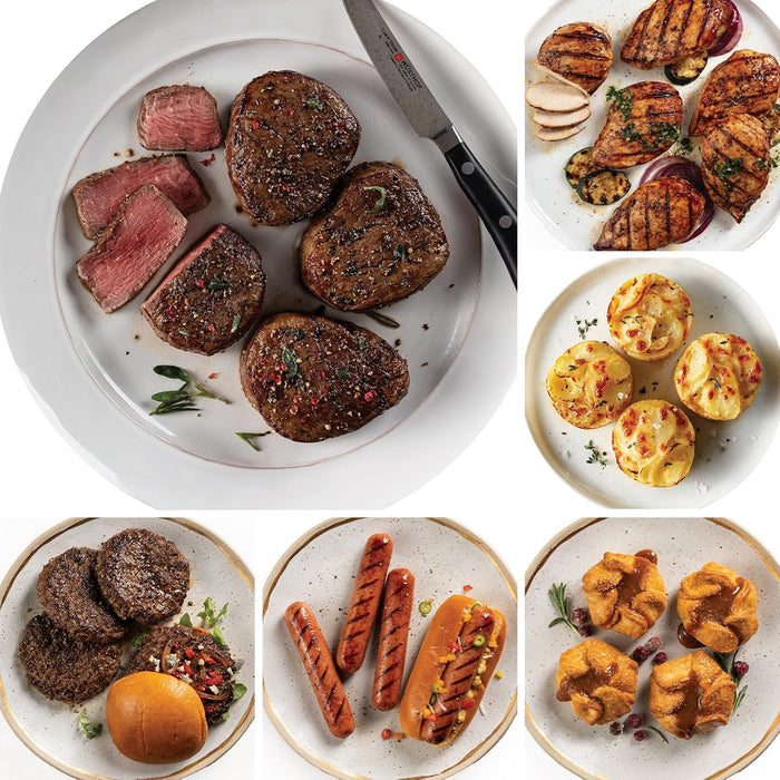 Omaha Steaks Deluxe Gift Package (4 Bacon-Wrapped Filet Mignons, 4 Steak Burgers, 4 Gourmet Jumbo Franks, 4 Au Gratin Potatoes, 4 Caramel Apple Tartlets, 1 jar Omaha Steaks Seasoning)