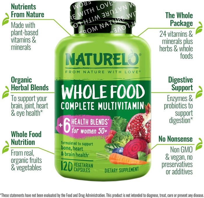 NATURELO Whole Food Multivitamin for Women 50+ (Iron Free) with Vitamins, Minerals, & Organic Extracts - Supplement for Post Menopausal Women Over 50 - No GMO - 120 Vegan Capsules