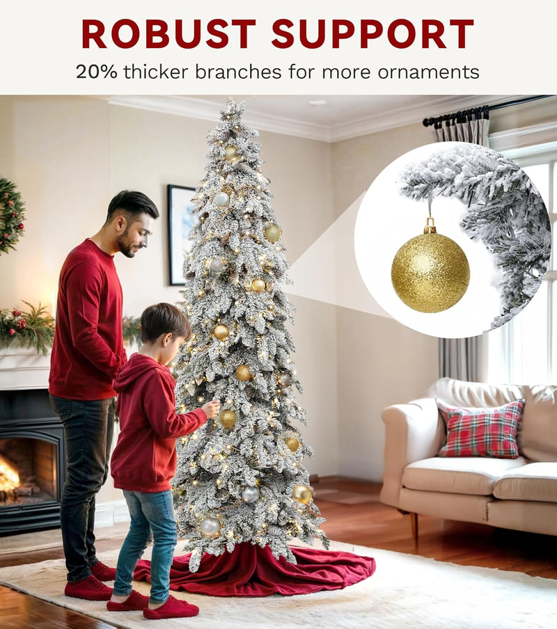 DWVO Pre-Lit Flocked Slender Spruce Artificial Christmas Tree Adorned with 51 Pine Cones, 7.5 FT Authentic Layered Christmas Tree with 350 Lights & 800 Branch Tips for Home Party with Remote Control