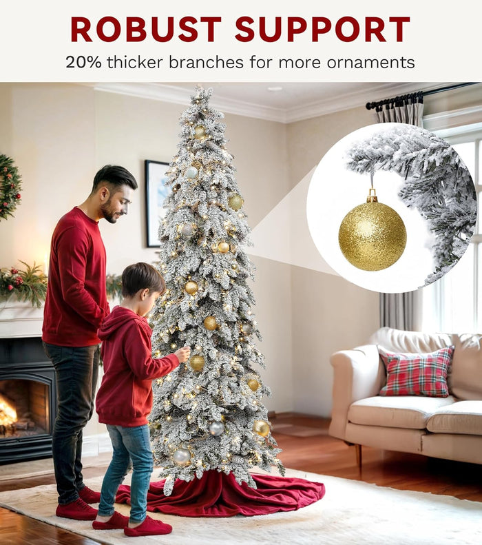 DWVO Pre-Lit Flocked Slender Spruce Artificial Christmas Tree Adorned with 51 Pine Cones, 7.5 FT Authentic Layered Christmas Tree with 350 Lights & 800 Branch Tips for Home Party with Remote Control