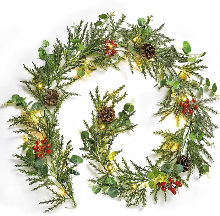Brightown Pre-lit Christmas Garland with Lights, 6 Feet 20 LED Battery Operated Christmas Lights with Pine Cones, Berry, Eucalyptus Leaves, Indoor Christmas Decorations for Stairs, Fireplace, Door