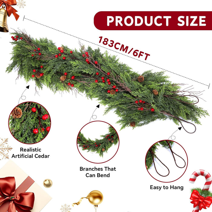 6FT Artificial Cedar Christmas Garland with Red Berries & Pine Cones – Full Faux Winter Greenery for Holiday Mantel, Staircase, Doorway, Indoor Outdoor Christmas Décor