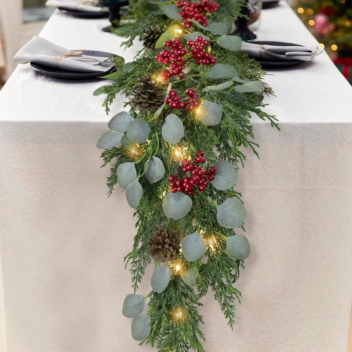 6FT Christmas Garland with Lights Artificial Pine Cypress Eucalyptus Garland with Red Berries Christmas Tips Cedar Garlands,Christmas Decorations Holiday Indoor Outdoor Winter Garland