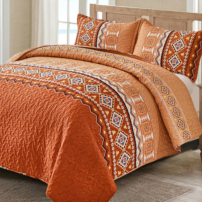 WONGS BEDDING 3 Pieces Quilt Set King Size, Burnt Orange/Rust Halloween Quilt Bedspread Fall Bohemian Coverlet Set with 2 Pillowcase, Soft Thanksgiving Bedding Set for All Season 104"×90"