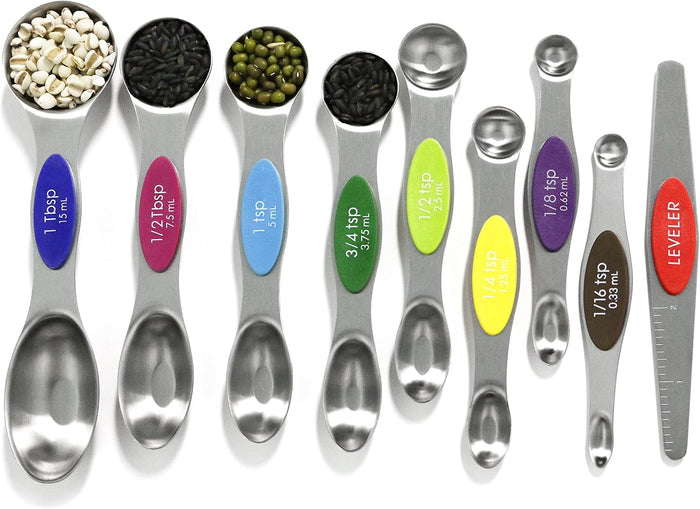 Magnetic Measuring Spoons Set Stainless Steel with Leveler-9pcs Stackable Measuring Cups for Baking-Measuring Cups and Spoon Set Kitchen Gadgets Apartment Essentials Fits in Spice Jars