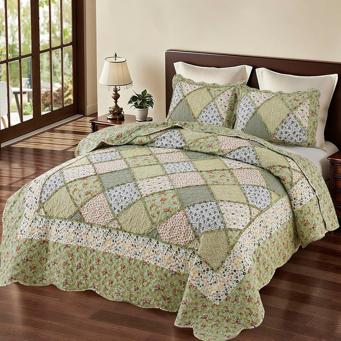 VIVILINEN Blue Floral Patchwork Quilt Set King Size Reversible Quilted Bedding Set with 2 Pillowcases