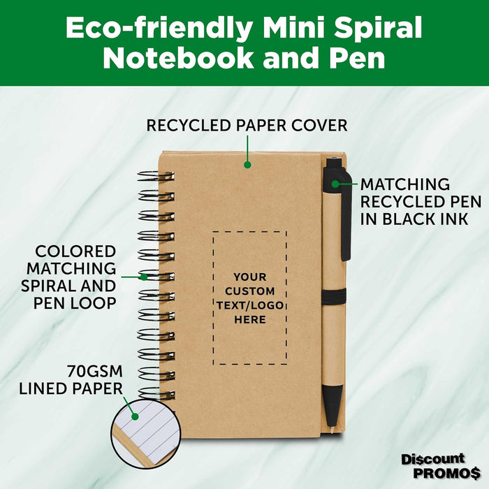 Custom Mini Spiral Notebooks with Black Ink Pens Set of 100, Personalized Bulk Pack - Perfect for School, Office, Business, Home - Black