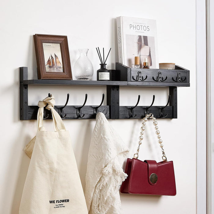 28.9" Wall Hanger Coat Rack Key Holder Wall Mount with Shelf,11Shelf with Coat Hooks Wall Mount, Coat Hangers for Bathroom, Living Room, Bedroom (Wood Color)