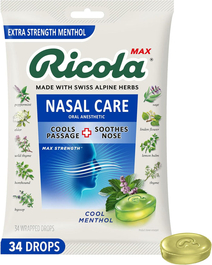 Ricola Max Cool Menthol Nasal Care Large Bag | Cough Suppressant Drops | Dual Action Liquid Center | Soothing Long-Lasting Relief - 34 Count (Pack of 1)