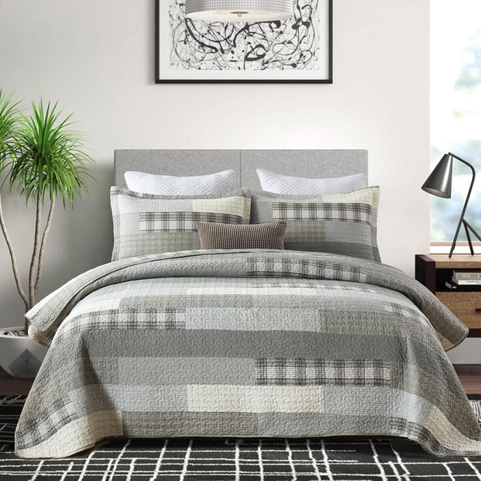 PANGUSHAN 100% Cotton Quilt Set King Size, Patchwork King Quilt Bedding Set Bedspreads, Farmhouse Lightweight Comforter Reversible Quilt, White/Brown/Grey Bed Spread for All Season, 3 Pieces