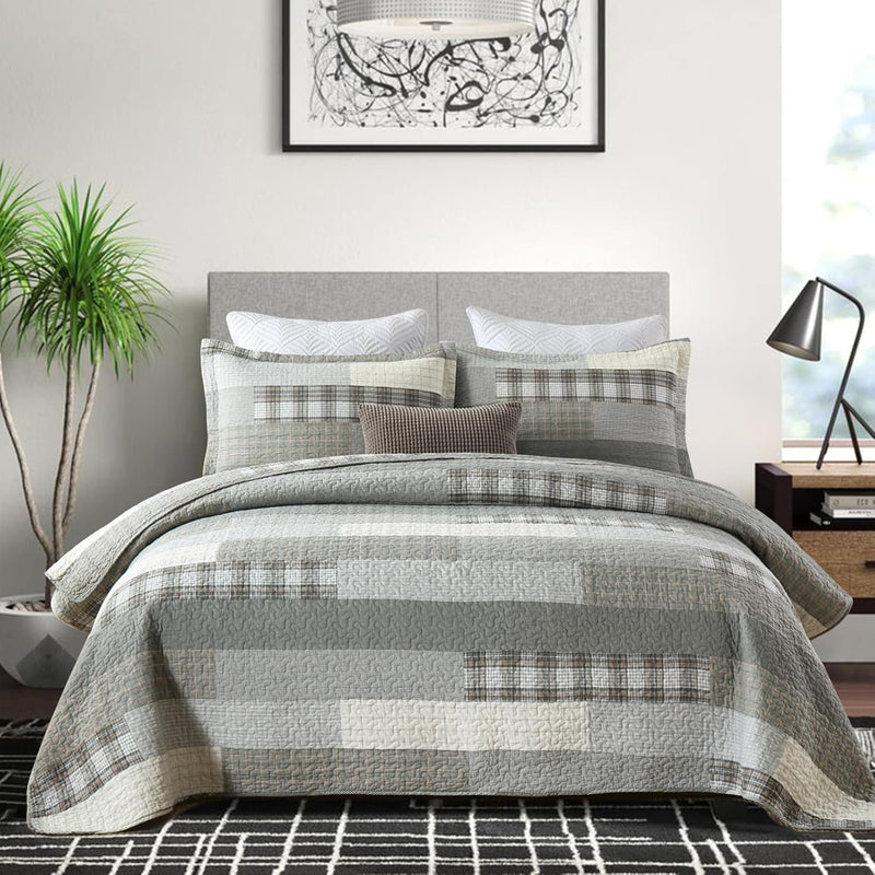 PANGUSHAN 100% Cotton Quilt Set King Size, Patchwork King Quilt Bedding Set Bedspreads, Farmhouse Lightweight Comforter Reversible Quilt, White/Brown/Grey Bed Spread for All Season, 3 Pieces