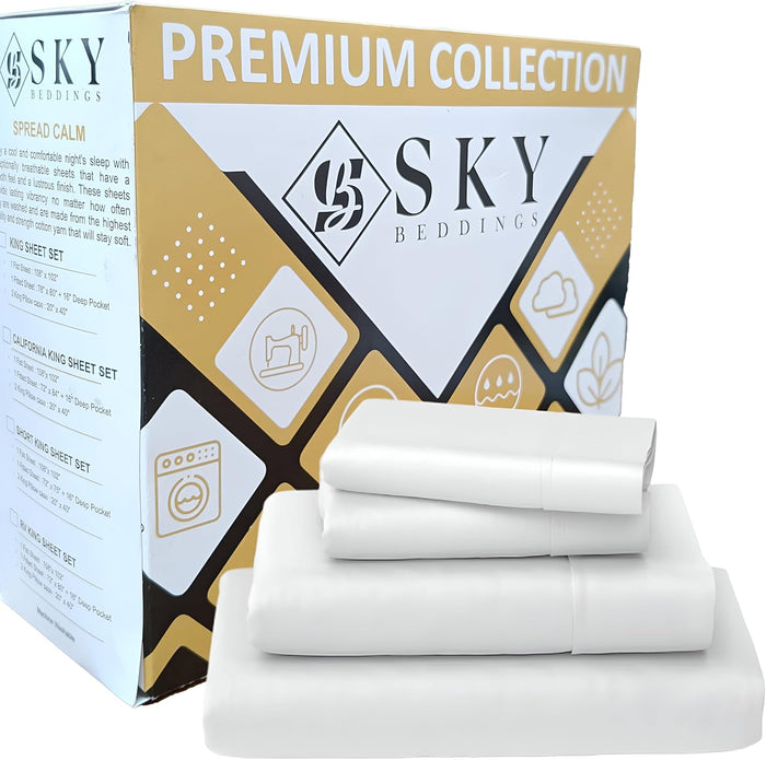 SKY BEDDINGS 100% Cotton RV Short Queen Sheets - 400 Thread Count Sateen Weave, Cooling, Hotel Luxury 4 Piece Set - White