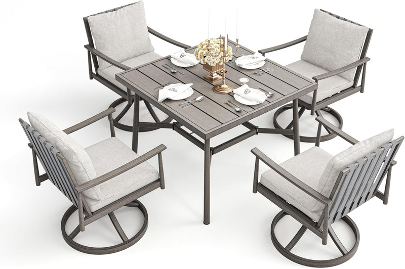 HAPPATIO 7-Piece Outdoor Dining Set for 6, Aluminum Patio Dining Set Includes 6 Swivel Dining Chairs and 1 Large Rectangular Table with Umbrella Hole, Patio Furniture Set for Lawn, Porch, Grey