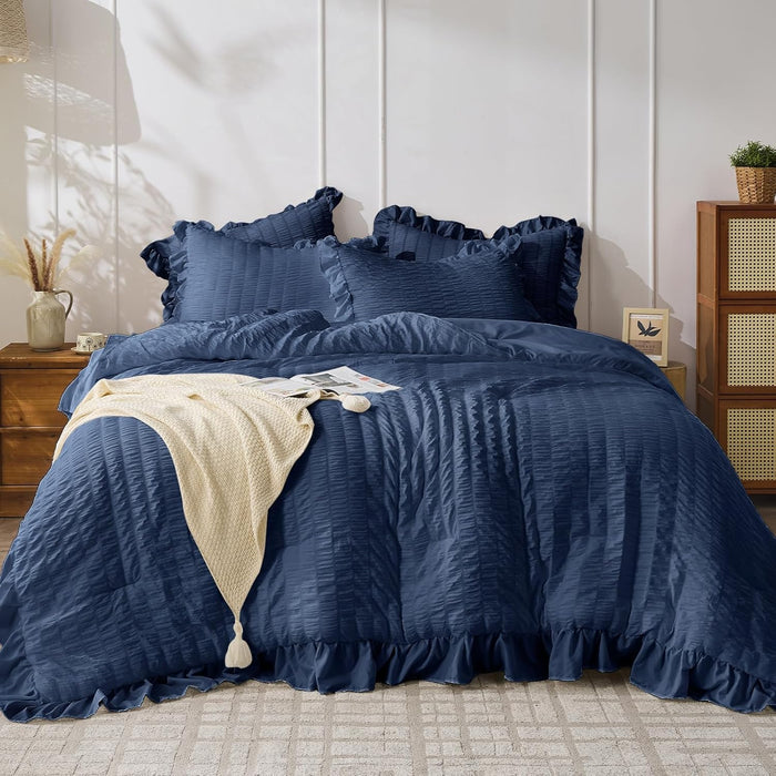 JOLLYVOGUE Dark Green Comforter Full Size, 3 Pieces Seersucker Lightweight Full Size Bedding, All Season Fluffy Microfiber Bedding Comforter Set with 1 Ruffle Comforter and 2 Ruffle Pillowshams