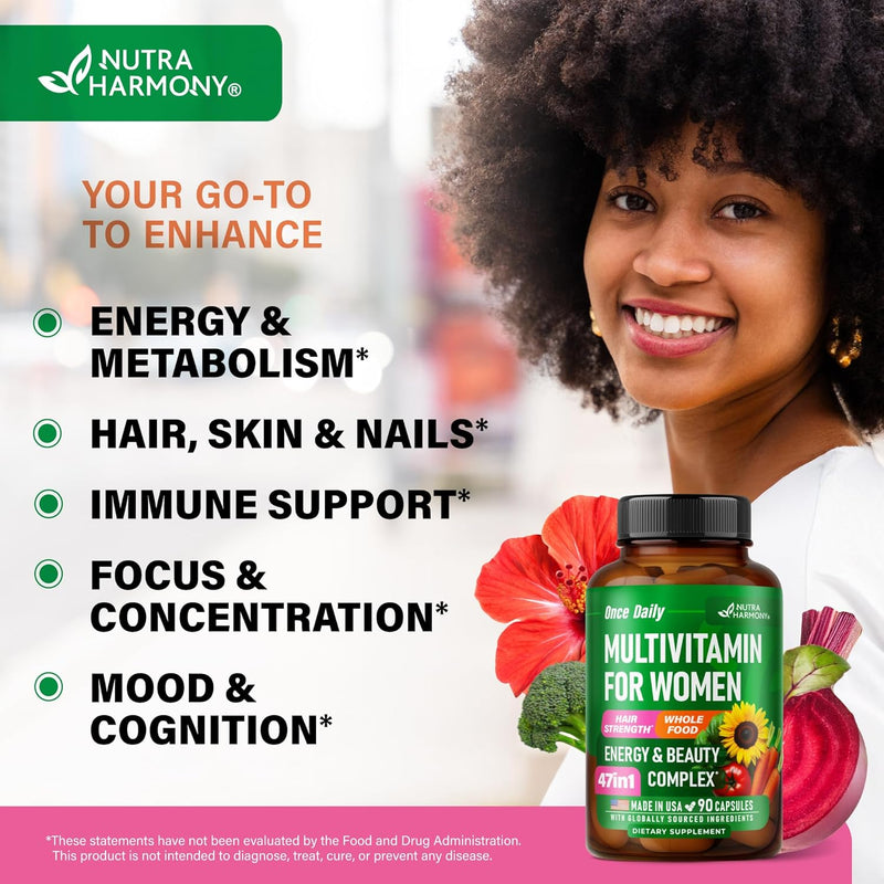 Multivitamin for Women - B-Complex | Whole Foods | Hair Growth Support | Digestion & Metabolism | Iron - 47in1 Womens Multivitamin - Bioavailable & Gentle on Stomach - Made in USA - 90 Capsules