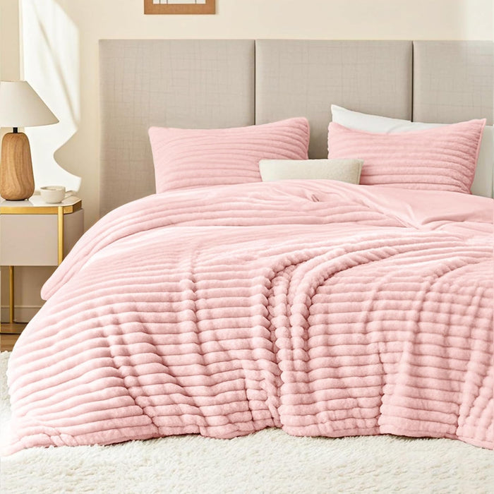 EXQ Home Fluffy Comforter Set Queen Size - Super Soft Faux Fur Stripe Jacquard Comforter 3 Pieces, Black Fleece Bedding Set,Winter Warm Bed Set,1 Comforter with 2 Pillowcases