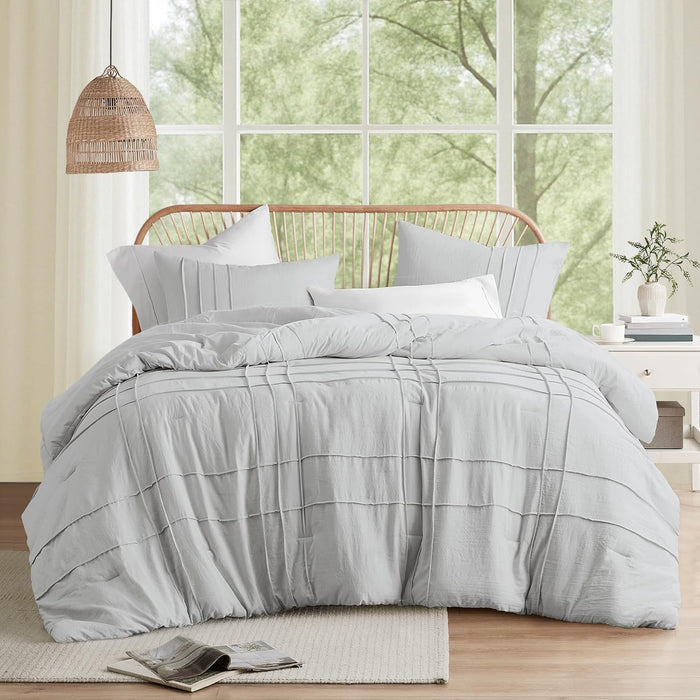 Comfort Spaces Cream Queen Size Comforter Set - 3 Pieces Pintuck Pleated Bedding Sets, All Season Lightweight, Extra Softness Pre-Washed Microfiber Queen Bed Set, Shams
