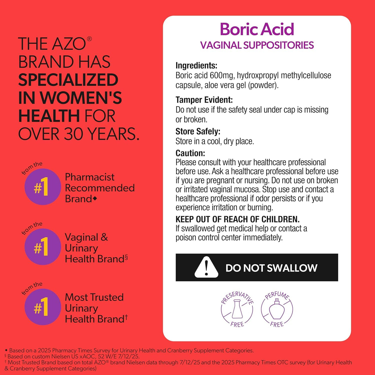 AZO® Boric Acid Vaginal Suppositories, Helps Support Odor Control and Intimate Health with Clinically Studied Boric Acid, Non-GMO, 30 Count