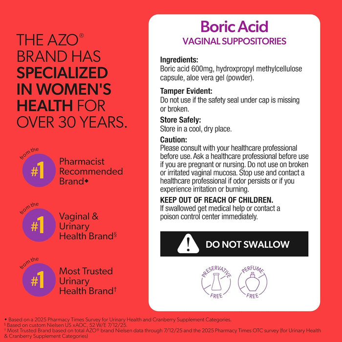 AZO® Boric Acid Vaginal Suppositories, Helps Support Odor Control and Intimate Health with Clinically Studied Boric Acid, Non-GMO, 30 Count