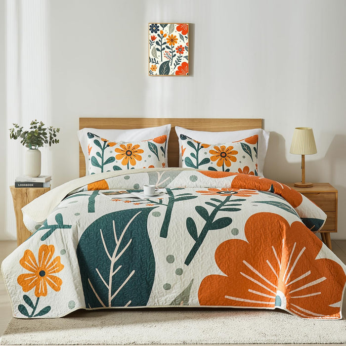 Yogeneg Queen Quilt Bedding Set,Green Pink Botanical Pattern Sky Blue Full/Queen Quilt Set,3 Piece Lightweight Soft Summer Bedspread Coverlet with 2 PIillow Shams,All Season(Sky Blue,90"x96")