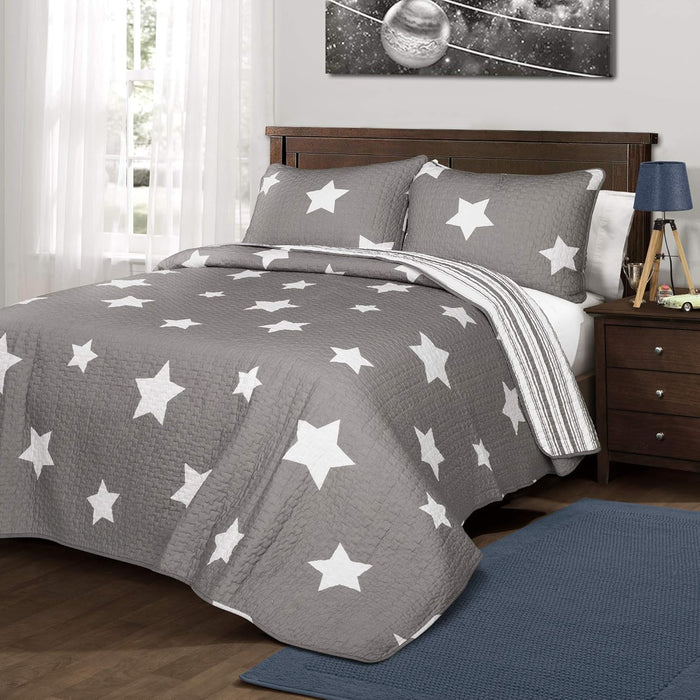 Lush Decor Star Quilt - Reversible 2 Piece Pattern Striped Bedding Set with Pillow Sham - Twin - Red