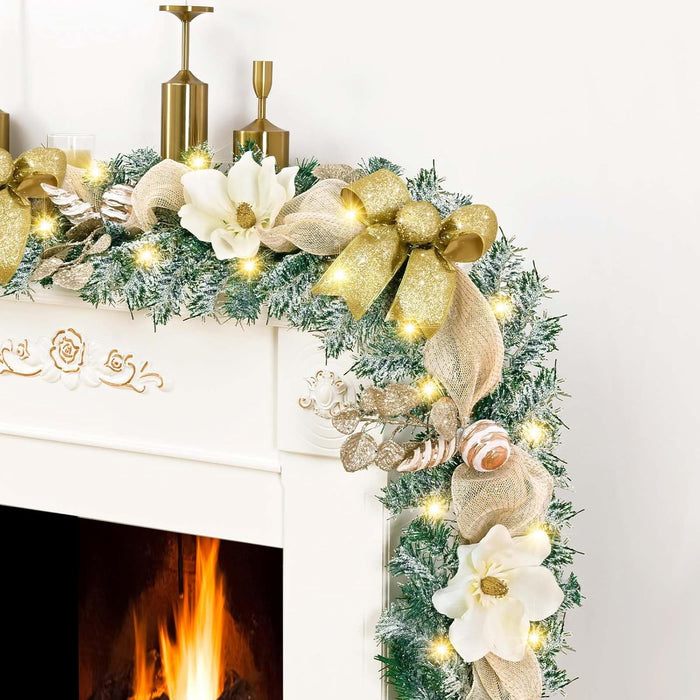 Christmas Garland with Lights, 5.9 FT Luxury Christmas Garland for Mantle, Christmas Flocked Garland with Gold Bows Ribbons Magnolia for Front Door Fireplace Table Home Decor