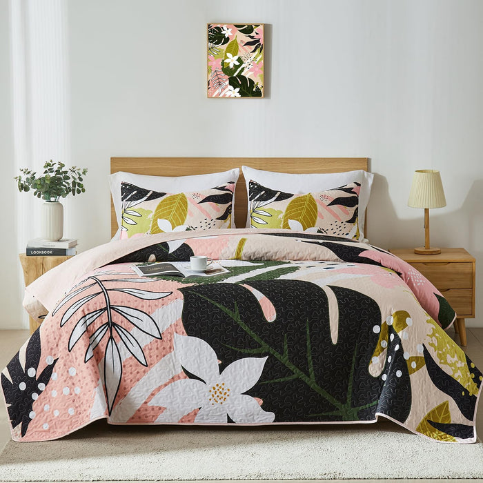 Yogeneg Queen Quilt Bedding Set,Green Pink Botanical Pattern Sky Blue Full/Queen Quilt Set,3 Piece Lightweight Soft Summer Bedspread Coverlet with 2 PIillow Shams,All Season(Sky Blue,90"x96")